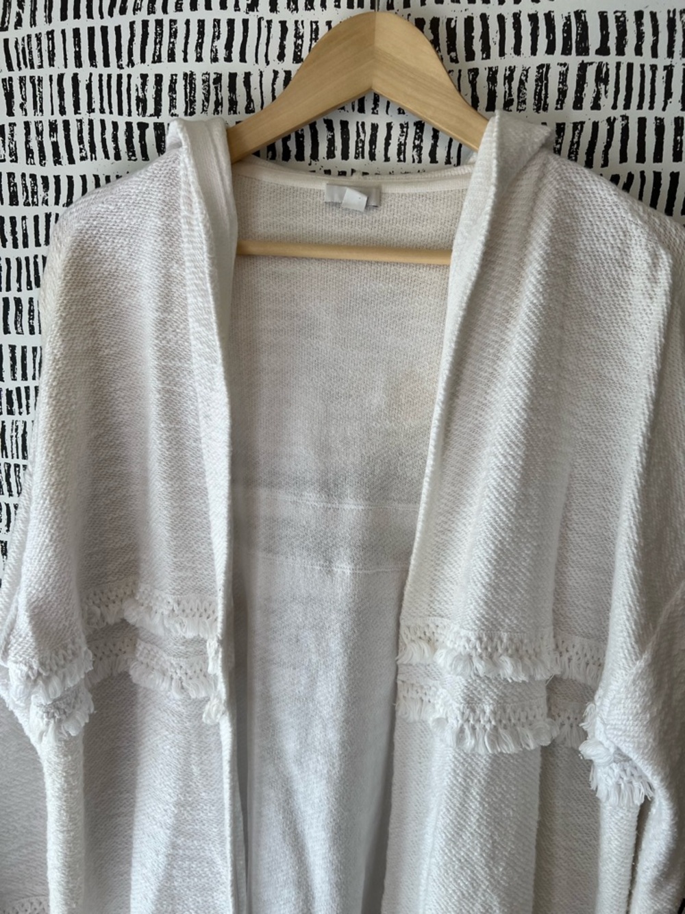 J.Jill Ivory Fringe Trim Open Front Cardigan Sweater Boho Coastal Cozy - Picture 4 of 14